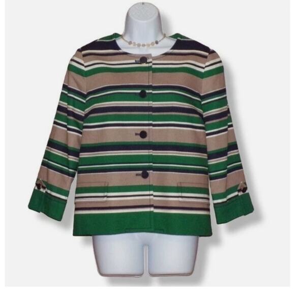Talbots 10 Cropped Striped Jacket Blazer Work Career Office Navy Green Classy - Picture 3 of 9